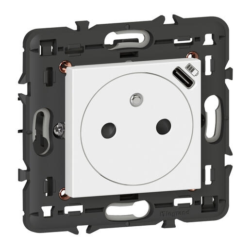 PRISE 2P+T SURFACE AVEC CHARGEUR USB TYPE-C MOSAIC 2 MODULES AVEC SUPPORT -BLANC
