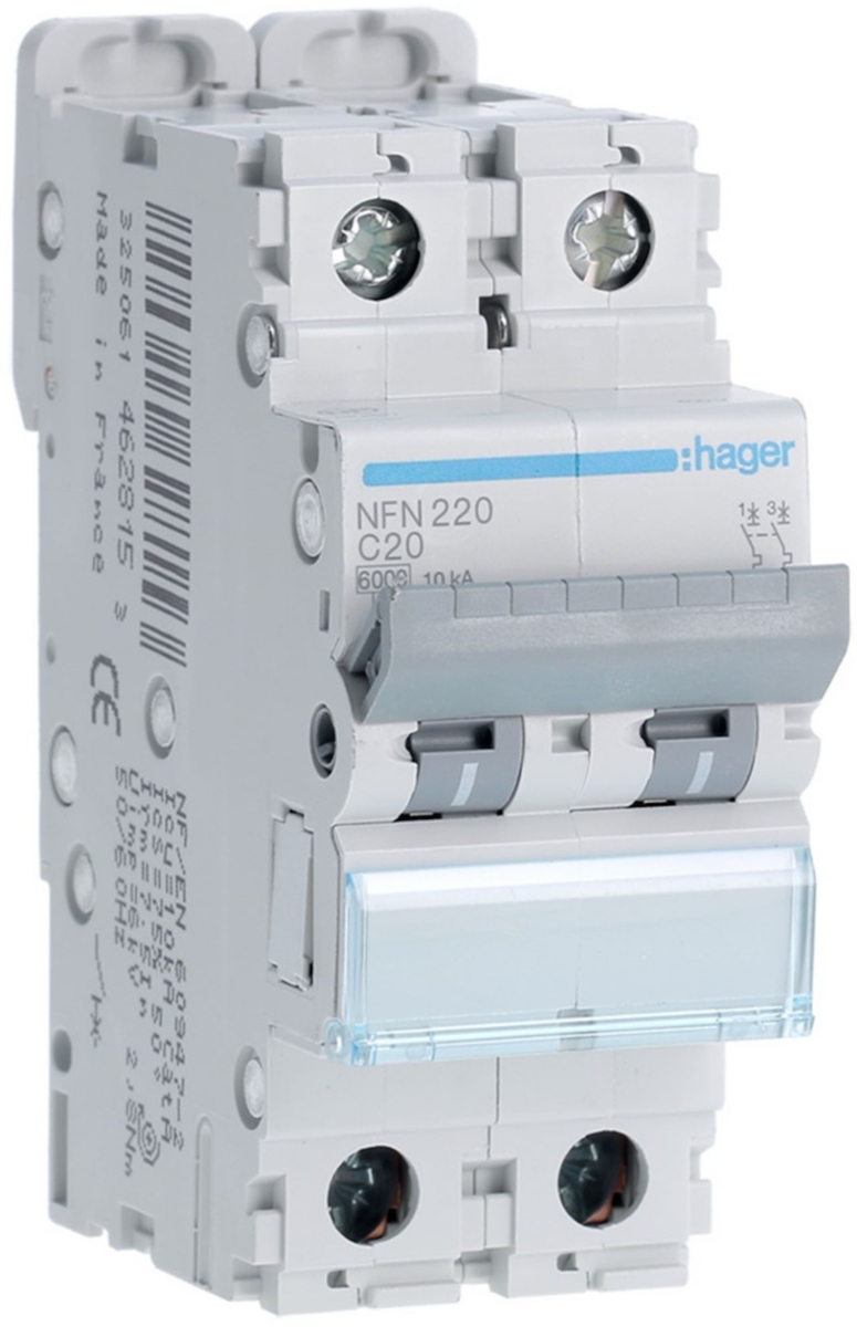 DISJONCTEUR 2P 6-10KA COURBE C - 20A 2 MODULES