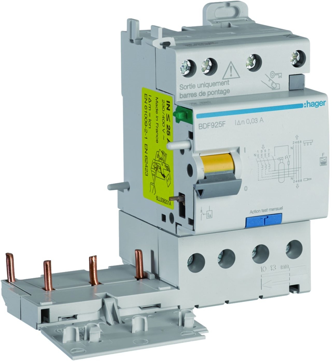 BLOC DIFFERENTIEL DOUBLE SORTIE 3P+N 25A 30MA TYPE F