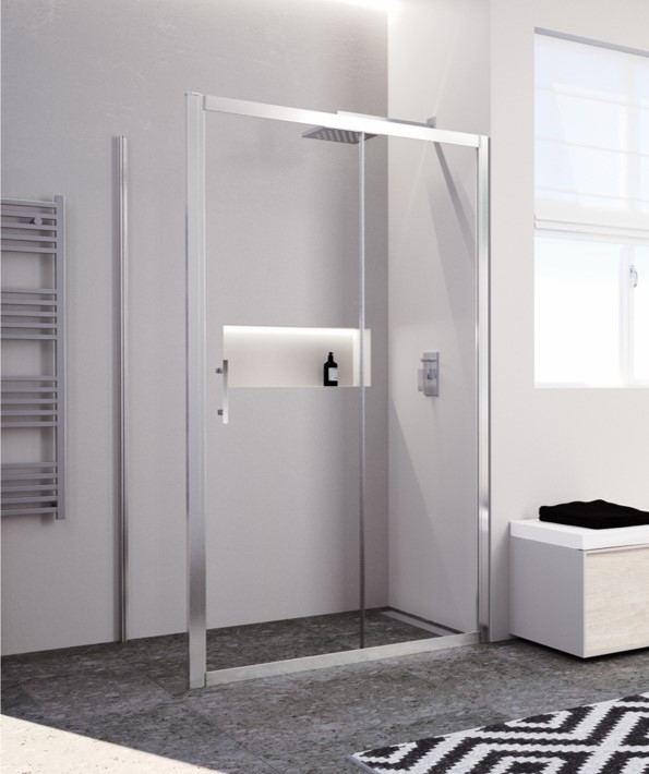 PORTE À 2 PANNEAUX DONT 1 COULISSANT RÉVERSIBLE VERRE CLAIR PROFILÉS SILVER