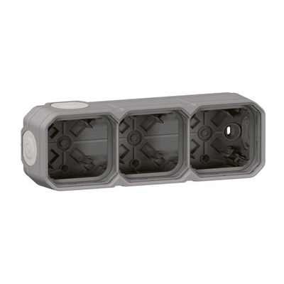 BOITIER SAILLIE A EMBOUTS 3 POSTES HORIZONTAUX ET VERTICAUX PLEXO GRIS