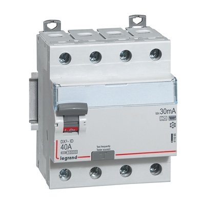 INTERRUPTEUR DIFFERENTIEL DX³-ID HAUT/BAS VIS - 4P 400V~ 40A F 30MA - 4 MODULES